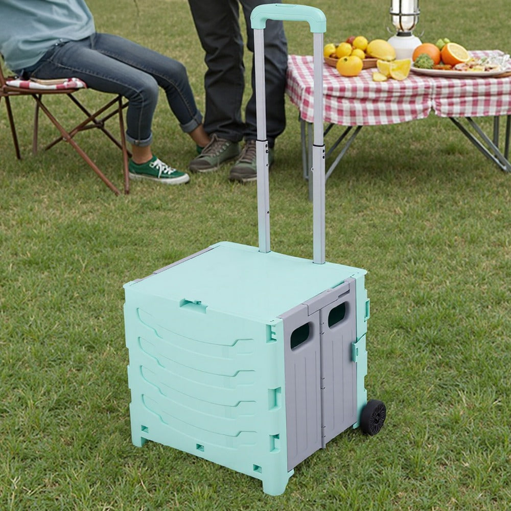 Foldable Shopping Trolley on Wheels with Large Capacity Storage Box – Portable Folding Cart for Grocery, Camping, Travel & Moving, Adjustable Handle, Grey & Green