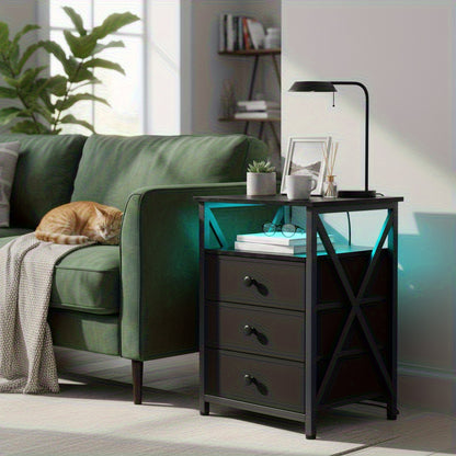 AMHANCIBLE 1/2pcs Nightstand, Side Table With LED Light And Charging Station, Nightstand With USB Port And Socket, Nightstand With 3 Fabric Drawers For Bedroom, Living Room, Sofa Side Table, Nightstand