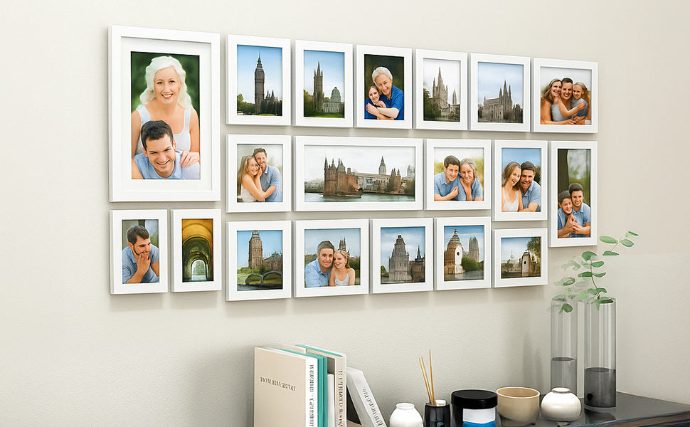 19 Pcs Wooden Photo Frame Set, Multi Size Picture Frames with Stand & Wall Hooks, Tabletop or Wall Mounted Display