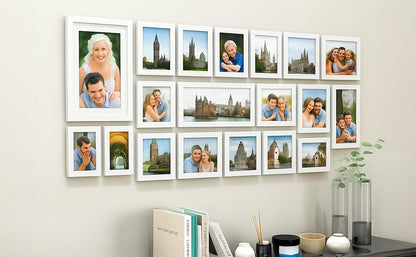 19 Pcs Wooden Photo Frame Set, Multi Size Picture Frames with Stand & Wall Hooks, Tabletop or Wall Mounted Display