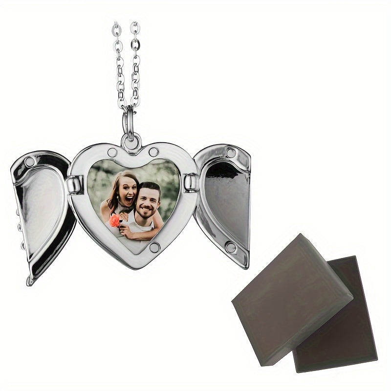 Personalized Angel Wings Necklace Heart Box Pendant Custom Picture Open Box Angel Wing Pendant