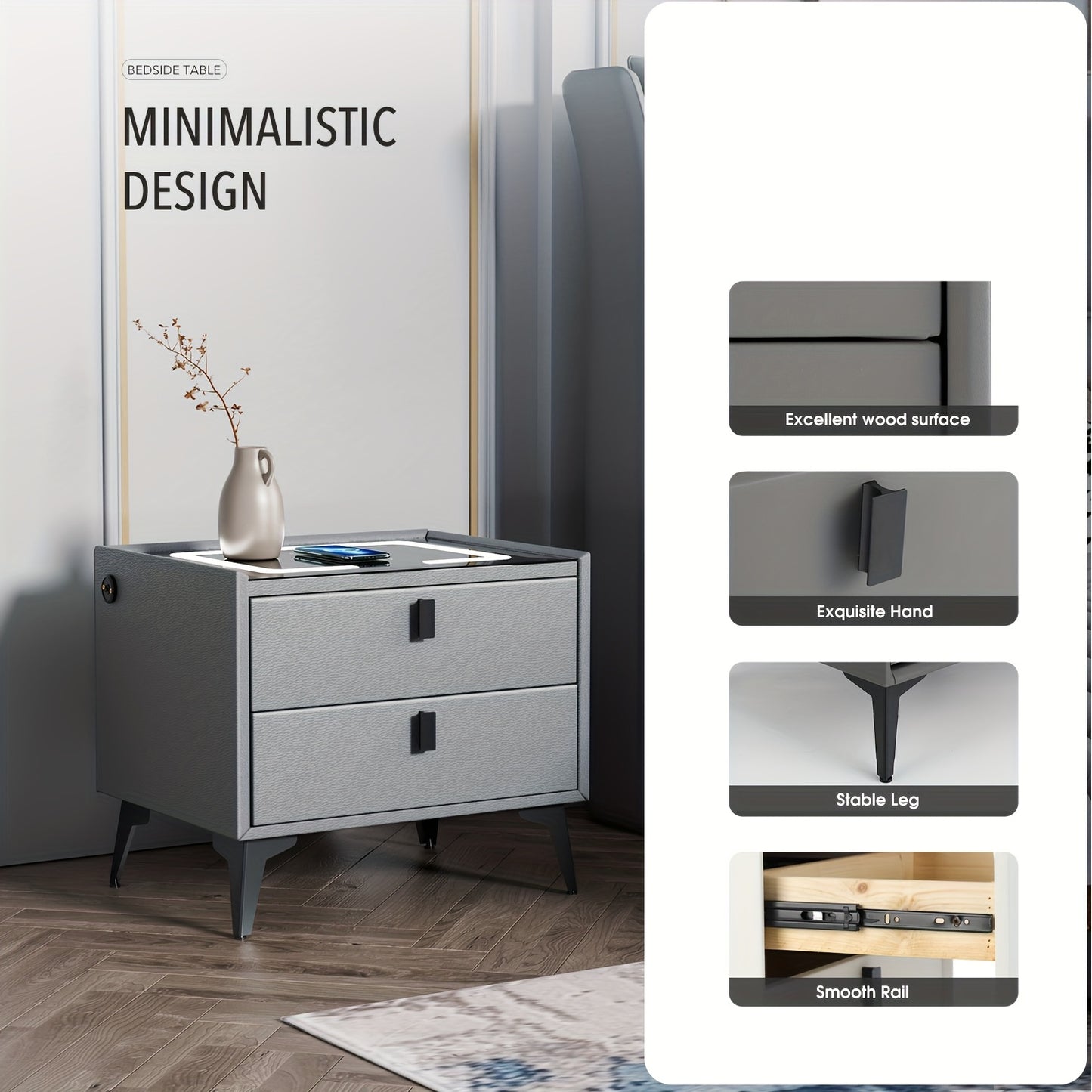 LED Bedside Table, Bedside Cabinet Side Table with 2 Drawer, End Tables for Bedroom, Nightstand