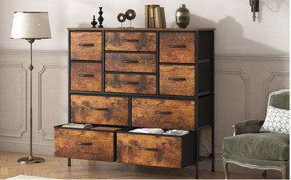 Large 11-Drawer Dresser with Sturdy Metal Frame & MDF Wood Top - Tall Fabric Storage Cabinet with Anti-Tip Design, Adjustable Legs, 68.58cm+ Height, 3.2 Cu Ft Capacity, Black Classic Modern Dresser for Bedroom, Living Room, Office - Easy Assembly, Space-S