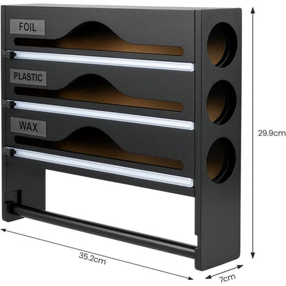 Wall-Mounted Bamboo Wrap Dispenser with Paper Towel Holder - 3-Section Kitchen Organizer for Foil, Plastic Wrap, and Wax - Includes Cutter and Storage Rack for Home Organization