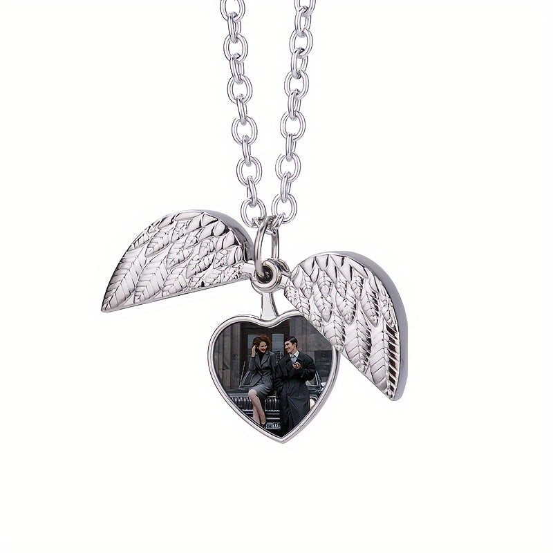 Personalized Angel Wings Necklace Heart Box Pendant Custom Picture Open Box Angel Wing Pendant