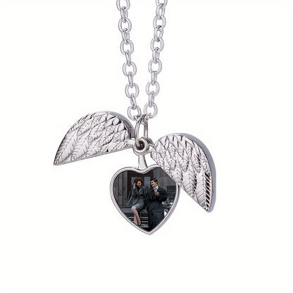 Personalized Angel Wings Necklace Heart Box Pendant Custom Picture Open Box Angel Wing Pendant