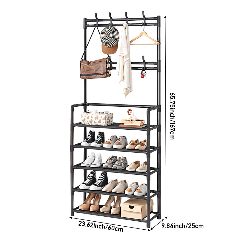 5 Tier Shelves Metal Coat Rack Stand with Shoe Storage Hallway Furniture With 8 Hooks Hanger, Freestanding Shoe and Coat Hat Stand with Non Woven Fabric Storage Shelf, Multi-Functional Metal Hall Tree for Coats, Hats & Shoes Living Room Bedroom