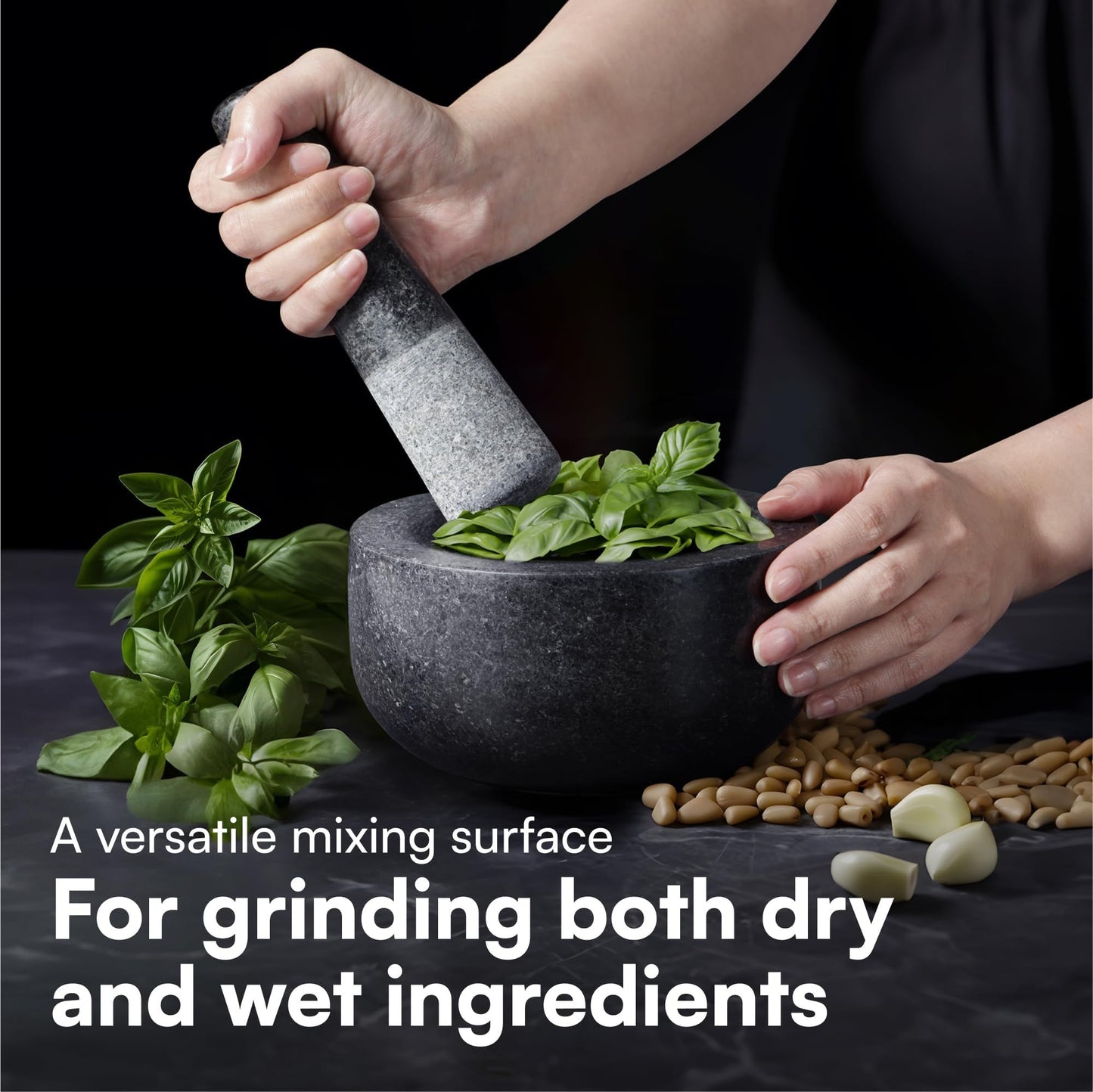 H&S Pestle and Mortar Set Premium Solid Granite Stone Large Black - 16cm (6.3in) Diameter