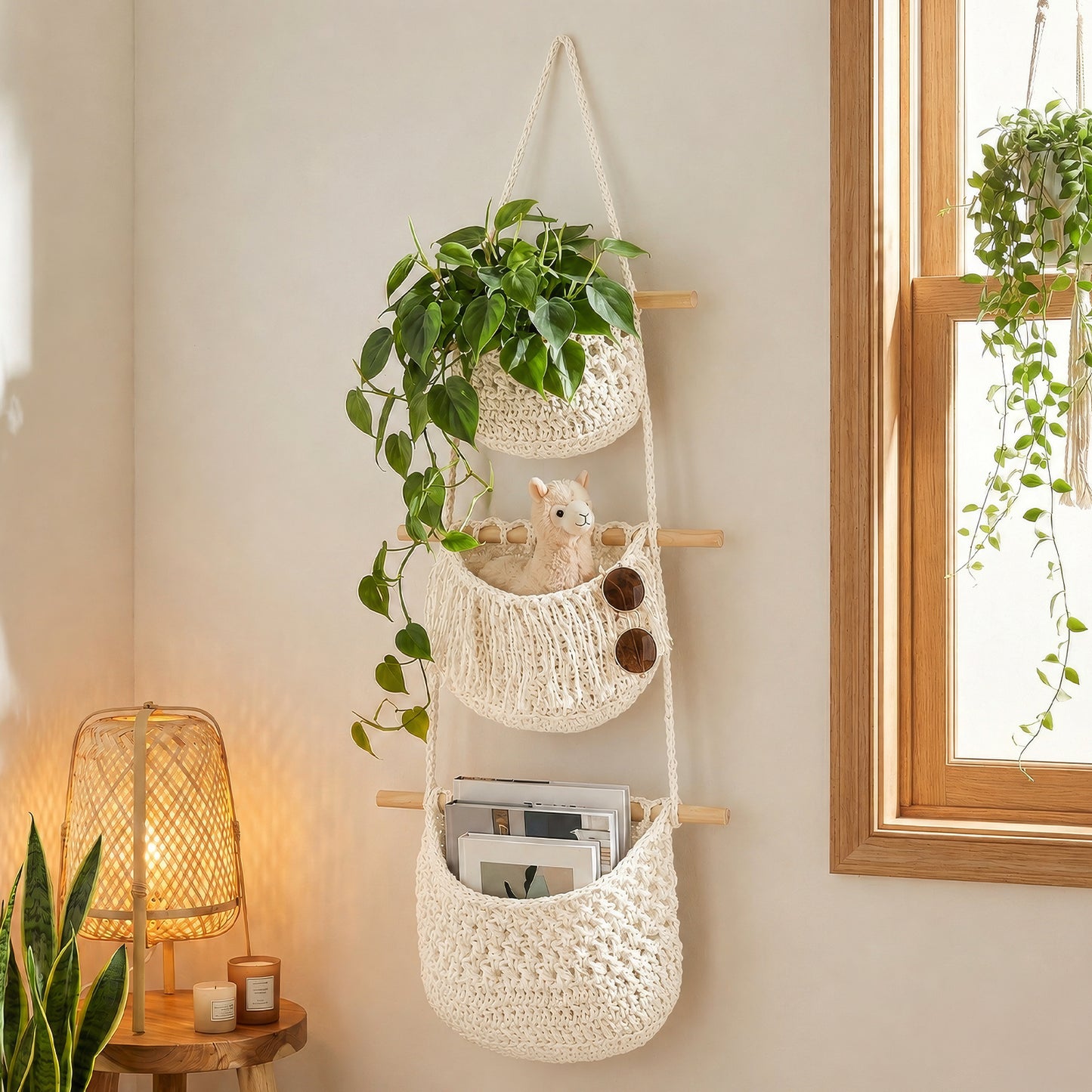 Boho Chic 3-Tier Wall Hanging Storage Basket - Handwoven Rope Organizer for Fruits, Vegetables & More - Easy Install, Versatile Home Decor, Storage Basket