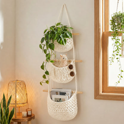 Boho Chic 3-Tier Wall Hanging Storage Basket - Handwoven Rope Organizer for Fruits, Vegetables & More - Easy Install, Versatile Home Decor, Storage Basket