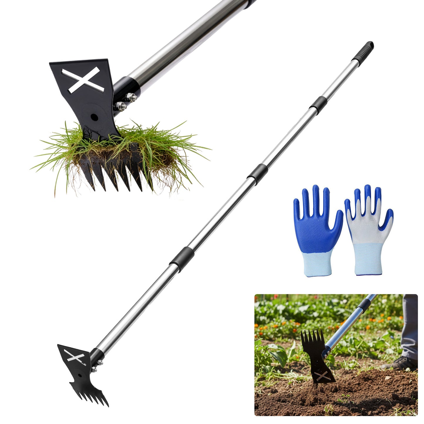 2-in-1 Weed Remover Tool with Telescopic Handle 42–150cm Stand Up Weeder Hoe Cultivator Rake Long Handle Garden Weeding Tool for Lawns, Borders, Raised Beds, Veg Patches