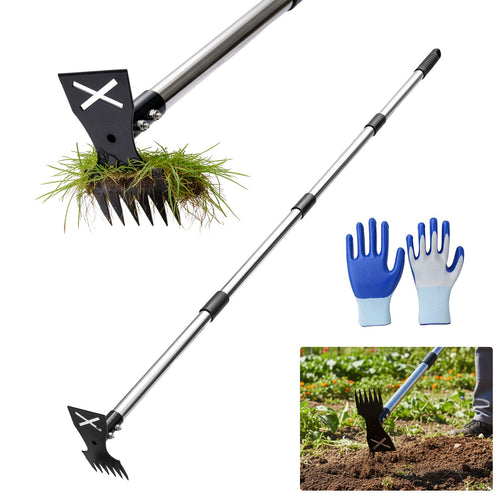2-in-1 Weed Remover Tool with Telescopic Handle 42–150cm Stand Up Weeder Hoe Cultivator Rake Long Handle Garden Weeding Tool for Lawns, Borders, Raised Beds, Veg Patches