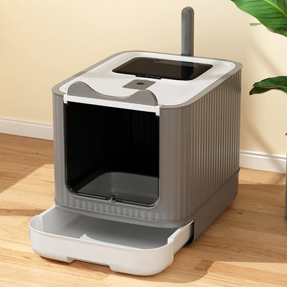 Enclosed Cat Litter Box with UV Sterilisation & Deodoriser | Large Hooded Cat Toilet with Drawer Tray & Scoop | Anti-Splash Odour Control Litter Tray | 44.5x36.5x34.5cm | Grey