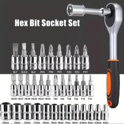 Socket Wrench Set 45pc Stainless Steel Ratchet Handle Drill Socket & Extension Bars – Heavy Duty Mechanic Hand Tool Kit for Car Repair with Storage Case
