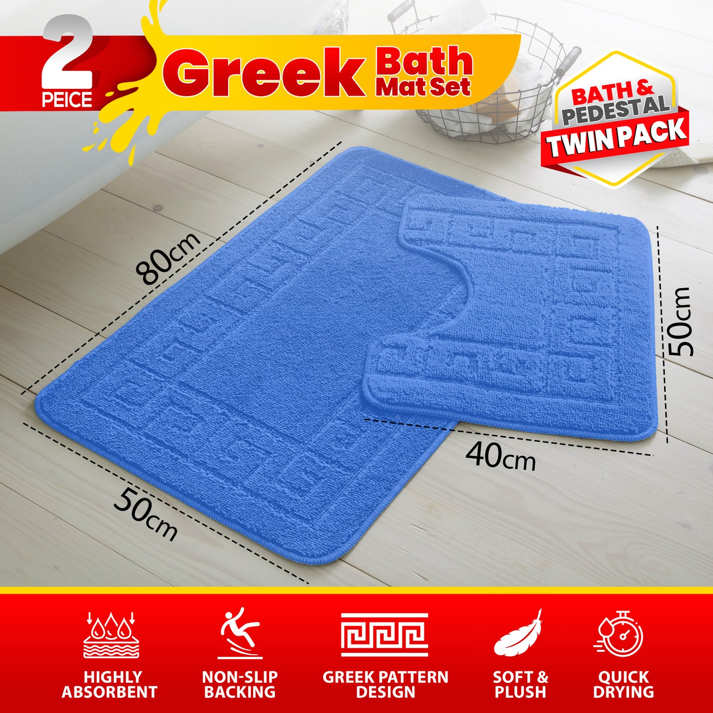 GC GAVENO CAVAILIA 2 Piece Greek Pattern Bathroom Mat Set | Soft & Plush 100% Polyester Bath Mat and Pedestal Rug | Non-Slip Backing, Highly Absorbent, Quick Drying |Machine Washable Bathroom Rugs | Ideal for Everyday Use | LOCAL WAREHOUSE | UK BRAND