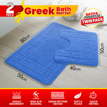 GC GAVENO CAVAILIA 2 Piece Greek Pattern Bathroom Mat Set | Soft & Plush 100% Polyester Bath Mat and Pedestal Rug | Non-Slip Backing, Highly Absorbent, Quick Drying |Machine Washable Bathroom Rugs | Ideal for Everyday Use | LOCAL WAREHOUSE | UK BRAND