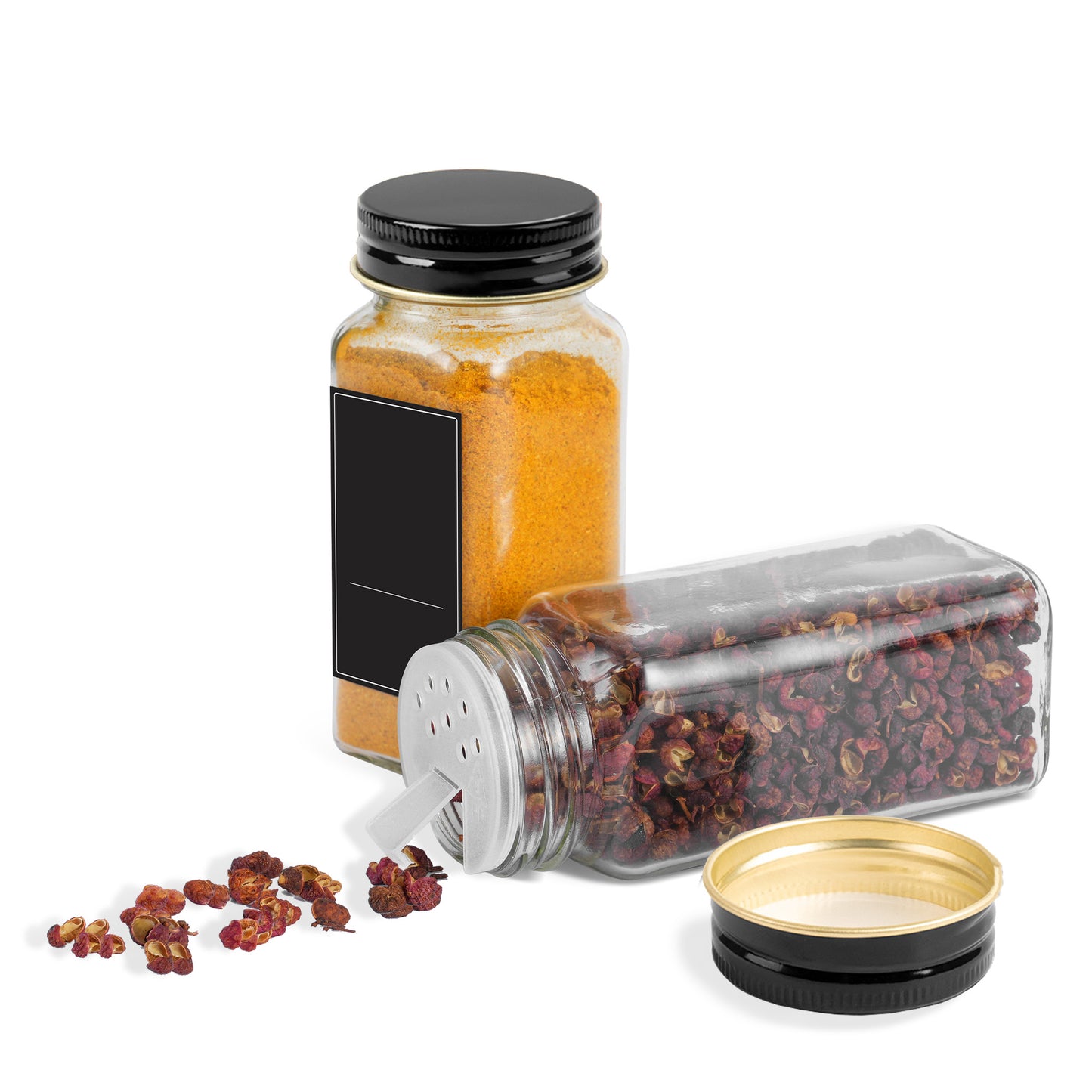 Square Glass Spice Jars 120ml Airtight Set of 12 or 24 with 3 Lid Types Black Labels Marker Pen Funnel & Brush Seasoning Storage