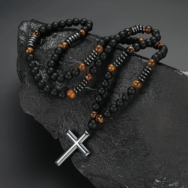 1pc FUTTMI Men's Natural Black Hematite Bead Necklace with Cross Pendant - 70cm/27.6in Heavy Duty Genuine Stone Prayer Beads, Christ Symbol for Christmas Gifts, Daily Wear & Religious