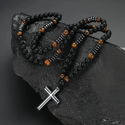 1pc FUTTMI Men's Natural Black Hematite Bead Necklace with Cross Pendant - 70cm/27.6in Heavy Duty Genuine Stone Prayer Beads, Christ Symbol for Christmas Gifts, Daily Wear & Religious