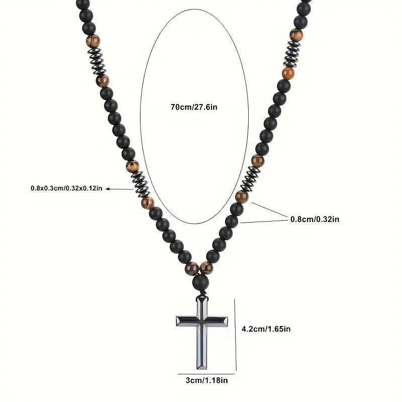 1pc FUTTMI Men's Natural Black Hematite Bead Necklace with Cross Pendant - 70cm/27.6in Heavy Duty Genuine Stone Prayer Beads, Christ Symbol for Christmas Gifts, Daily Wear & Religious