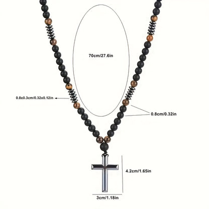 1pc FUTTMI Men's Natural Black Hematite Bead Necklace with Cross Pendant - 70cm/27.6in Heavy Duty Genuine Stone Prayer Beads, Christ Symbol for Christmas Gifts, Daily Wear & Religious