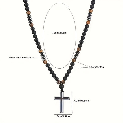 1pc FUTTMI Men's Natural Black Hematite Bead Necklace with Cross Pendant - 70cm/27.6in Heavy Duty Genuine Stone Prayer Beads, Christ Symbol for Christmas Gifts, Daily Wear & Religious