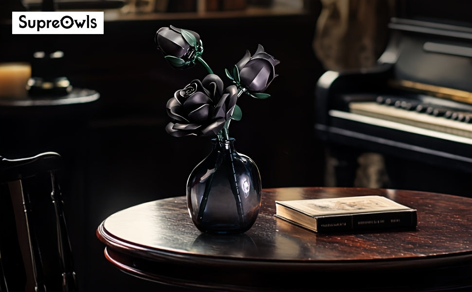 Special Party Gift Gothic Black Rose Simulation Flower Art Ornaments Background Bouquet Building Block Set 3 Rose Building Block Combination Set 152pcs