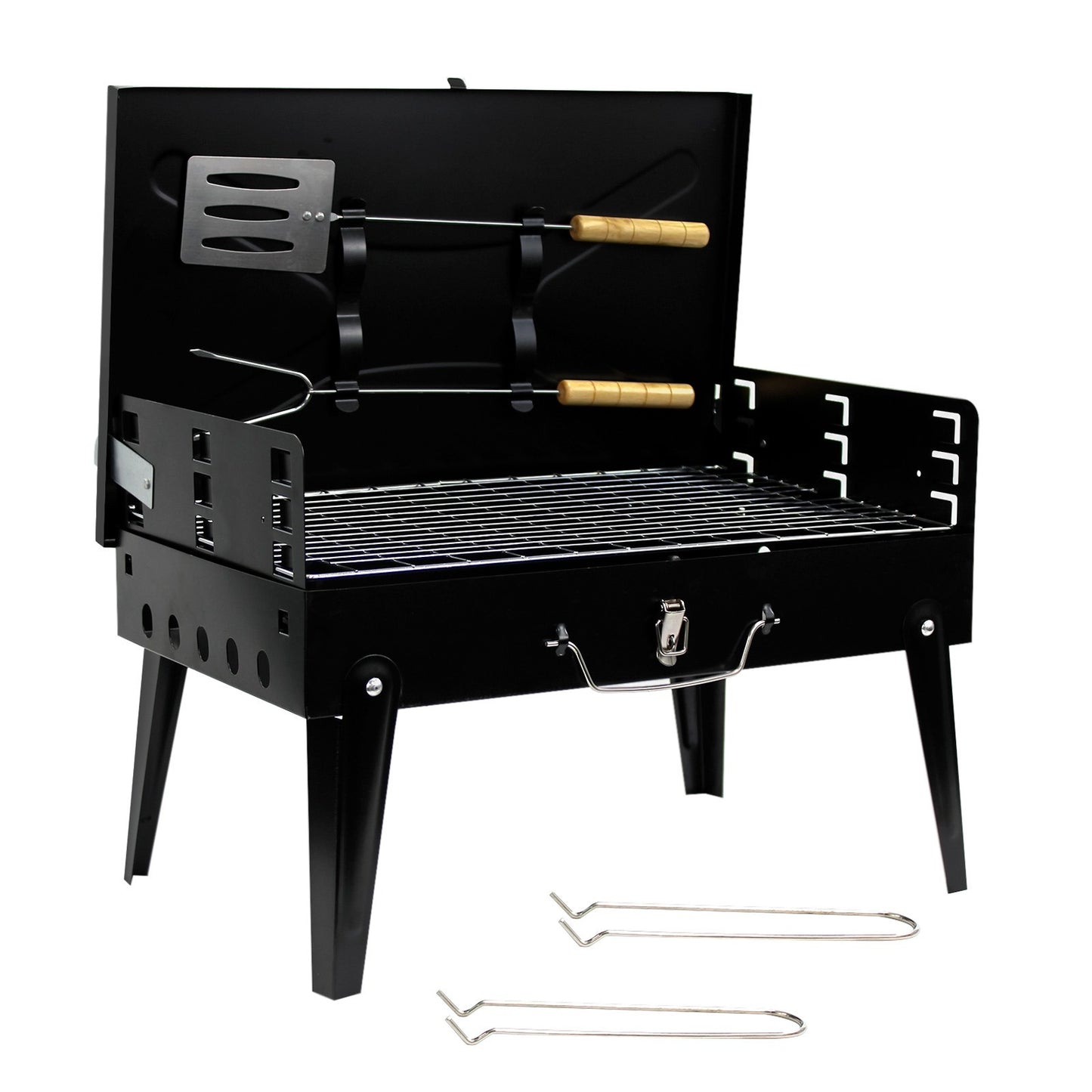 Portable BBQ Charcoal Grill - Folding Small Travel BBQ Grill with Tool Set - Mini Foldable Steel BBQ Grill for Camping, Garden, Picnic, Outdoor - Black