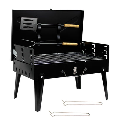 Portable BBQ Charcoal Grill - Folding Small Travel BBQ Grill with Tool Set - Mini Foldable Steel BBQ Grill for Camping, Garden, Picnic, Outdoor - Black