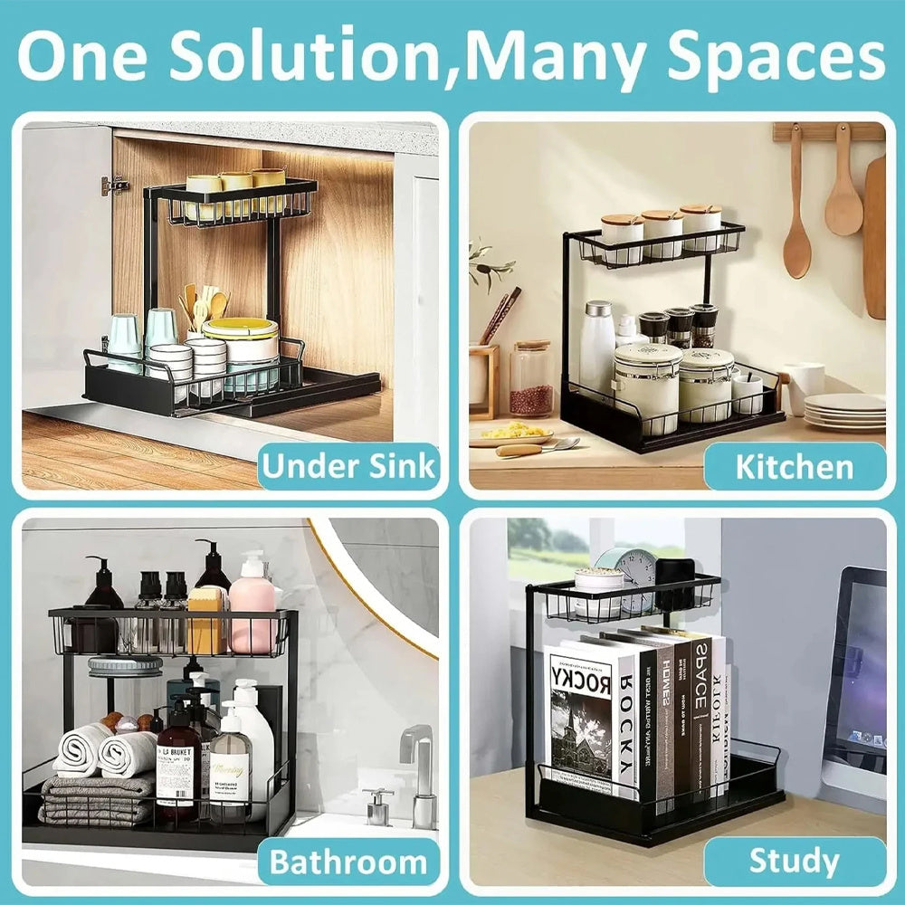 2 Tier Pull Out Basket Kitchen Under Sink Cupboard Organiser Drawer Storage Rack