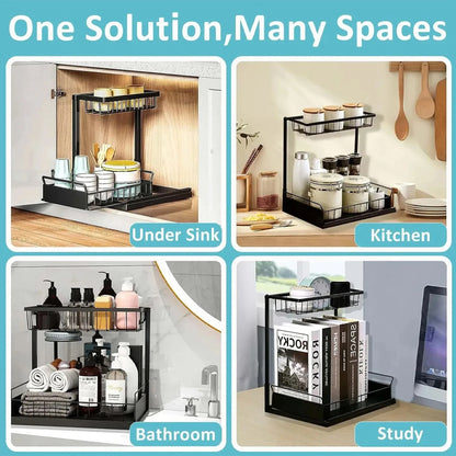 2 Tier Pull Out Basket Kitchen Under Sink Cupboard Organiser Drawer Storage Rack