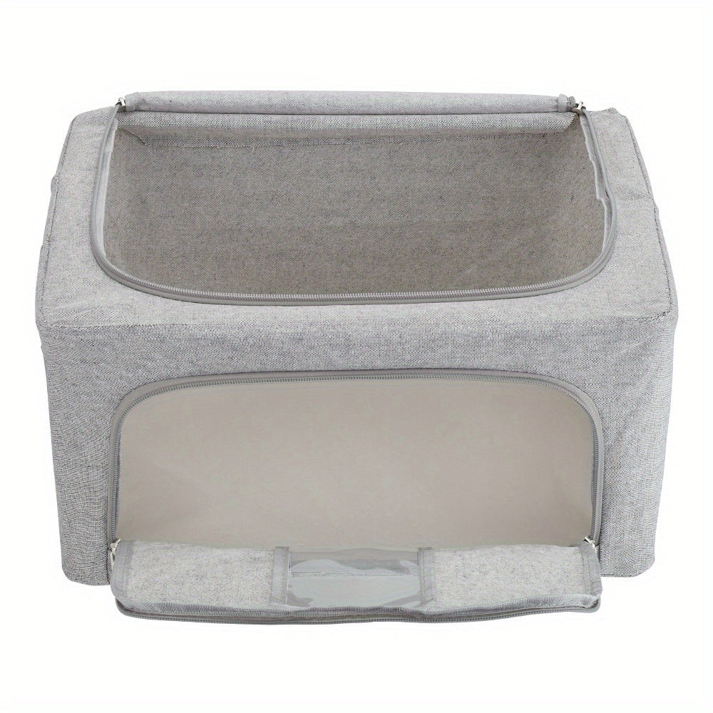 66L Foldable Storage Box with Clear Windows - Extra Thick Cotton Linen Fabric Organizer Bins | Space-Saving Stackable Design for Clothes, Blankets & Bedding Storage (Zipper Closure, Wardrobe Essential)