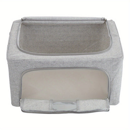 66L Foldable Storage Box with Clear Windows - Extra Thick Cotton Linen Fabric Organizer Bins | Space-Saving Stackable Design for Clothes, Blankets & Bedding Storage (Zipper Closure, Wardrobe Essential)