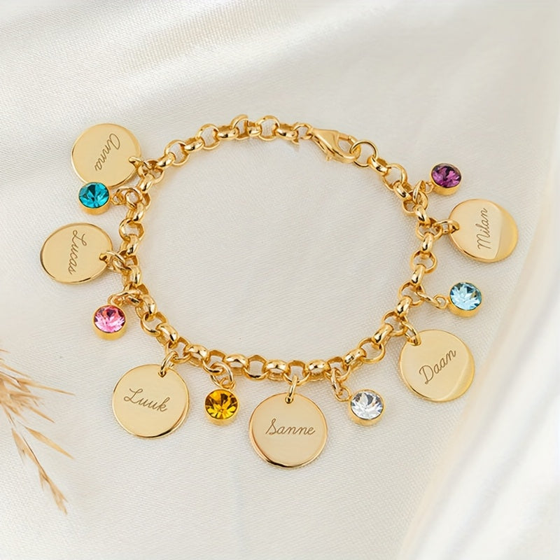 Self-Defined 1-6 Family Name and Birthstone Women's Fashion Bracelet, Personalized Custom Initial Letter and Birth Month Stone Women's Bracelet, 18K Gold Plated Golden-Plated 304L Stainless Steel Durable Material, Accessory Suitable for Daily Casual