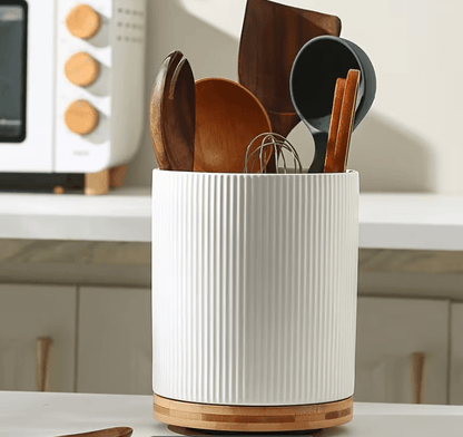 360° Rotating Ceramic Kitchen Organizer with Detachable Bamboo Base – Space-Saving Utensil Holder for Countertops, Perfect for Cooking Tools, Flower Vases, and Whisky Glasses, Kitchen Accessories