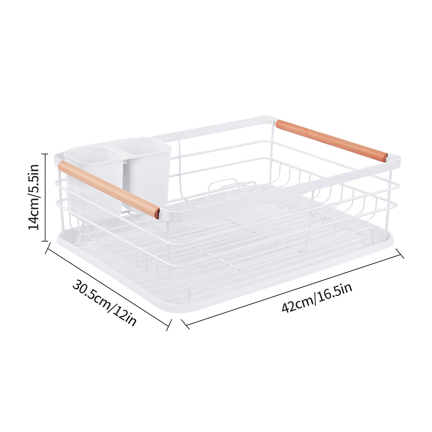 Dish Drainer Rack with Removable Drip Tray - Large Space Saving Kitchen Drying Rack for Plates, Bowls & Cutlery Metal Frame with Wooden Handles (BLACK)