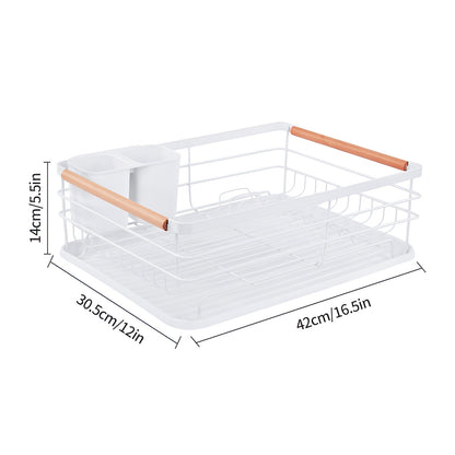 Dish Drainer Rack with Removable Drip Tray - Large Space Saving Kitchen Drying Rack for Plates, Bowls & Cutlery Metal Frame with Wooden Handles (BLACK)