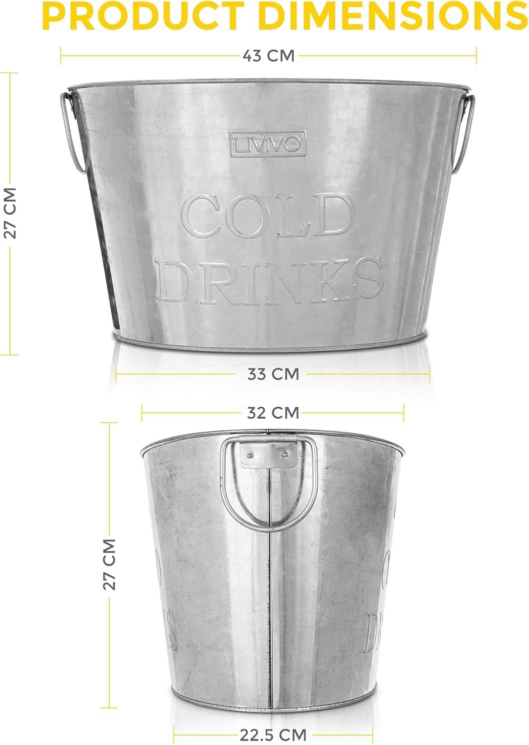 LIVIVO Galvanised Steel 24L Drinks Ice Cool Bucket with Handles - Great for Parties, BBQs and Bars Cooling Bottles, Cans of Beer or Soft Drinks