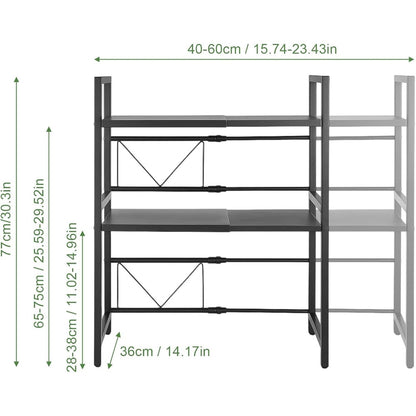Heavy-Duty Expandable Microwave Rack - Adjustable Width (40-60cm) & Height, 3-Tier Kitchen Organizer with 6 Hooks, Space-Saving Countertop/Cabinet Storage Shelf, Sturdy Metal Construction, Easy Assembly for Microwave, Pots, Pans, Utensils - Ideal for Smal