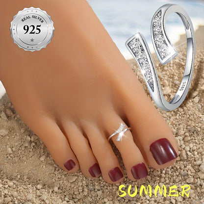 1pc, S925 Sterling Silver Toe Ring with Adjustable Chain, Boho Elegant Style, Synthetic Cubic Zirconia, Summer Vacation & Party Accessory, Mardi Gras Day Celebration, 1.2g