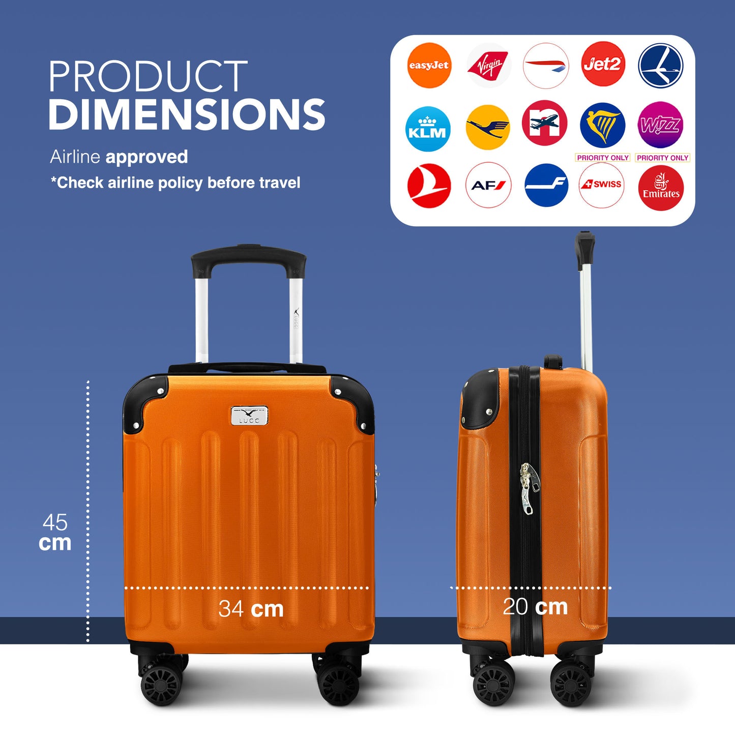 LUGG Skywander 15 Inch (45x34x20cm) Lightweight Underseat Cabin Bag EasyJet Approved Carry-On Suitcase, Durable ABS Hard Shell, Smooth Double Spinner Wheels, Water Resistant & Compact Travel Luggage (45x34x20cm)