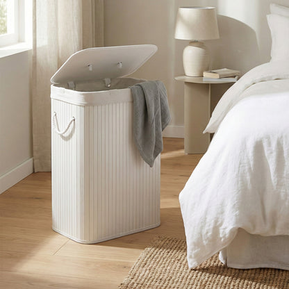 Bamboo Hamper with Lid, Collapsible Laundry Basket, Removable Liner, Handles, for Bedroom, Laundry Room, White