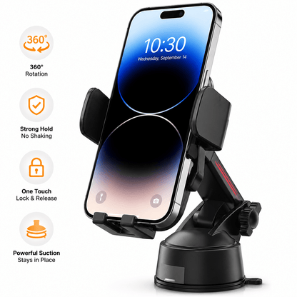 Heavy Duty Car Cell Phone Mount - Anti-Shake Stable Suction Cup Holder with Quick-Release Button - Flexible Long Arm Dashboard Mount for Hands-Free Navigation and Calling