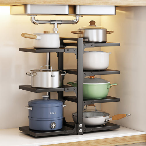 Large capacity independent pot rack cookware rack, baking utensil tray, flat cookware and utensil storage rack, fruit and vegetable rack, space saving floor standing sink shelf, black double-sided 3-layer+4-layer pot rack, high-quality materials - sturdy
