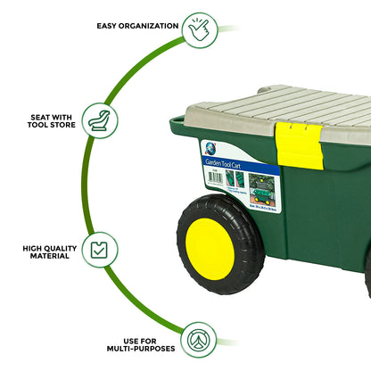 Gardeners Tool Cart and Seat, Wheeled Portable Rolling Weeding Stool and Tool Storage, Green
