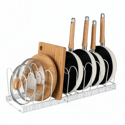 1 Set Pot and Pan Organizer Rack with 10 Adjustable Dividers – Expandable Kitchen Cabinet Storage for Lids, Dishes, Cookware – Bakeware Rack for RV & Home