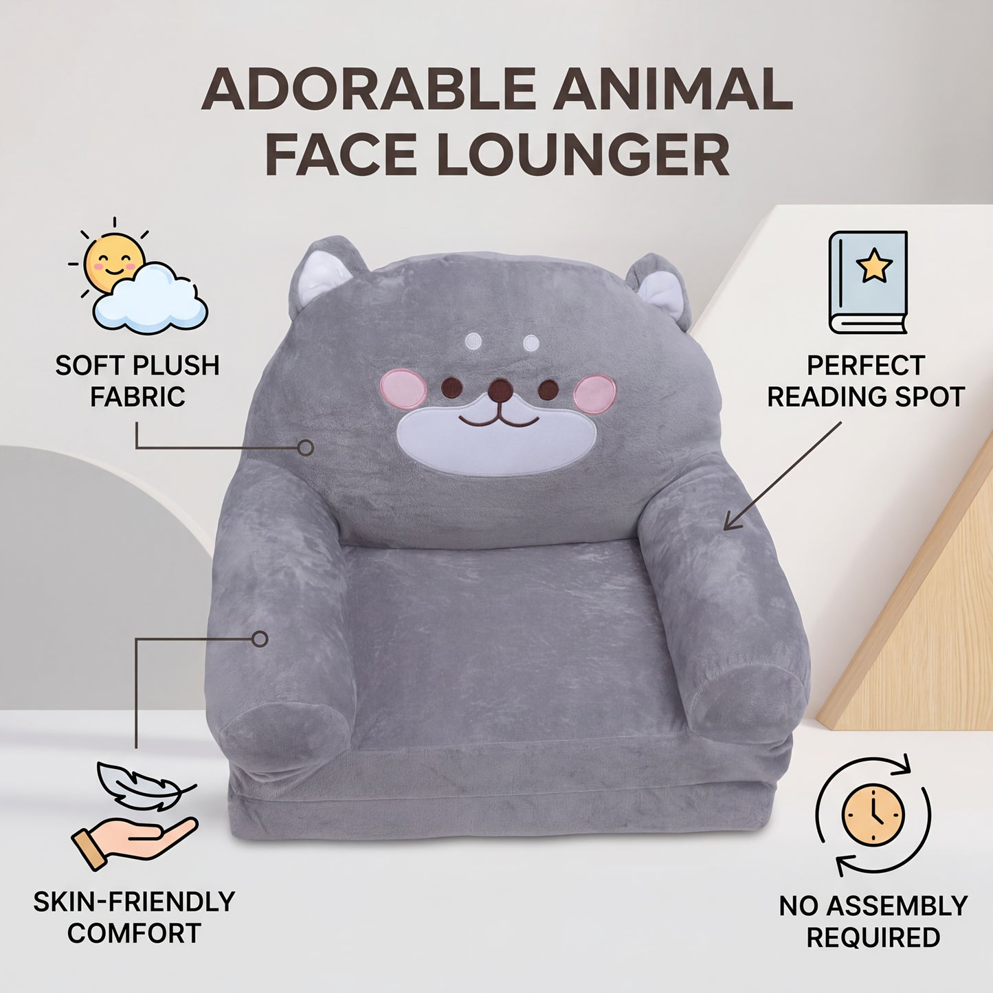 Cozy Kid Folding Sofa, Plush, Washable Lounge Chair for Playroom & Nursery, Gray Dog Style Foldable Wide Handle Soft Breathable Toddler Chair for Reading Relaxing Sleeping
