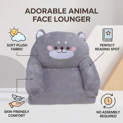 Cozy Kid Folding Sofa, Plush, Washable Lounge Chair for Playroom & Nursery, Gray Dog Style Foldable Wide Handle Soft Breathable Toddler Chair for Reading Relaxing Sleeping