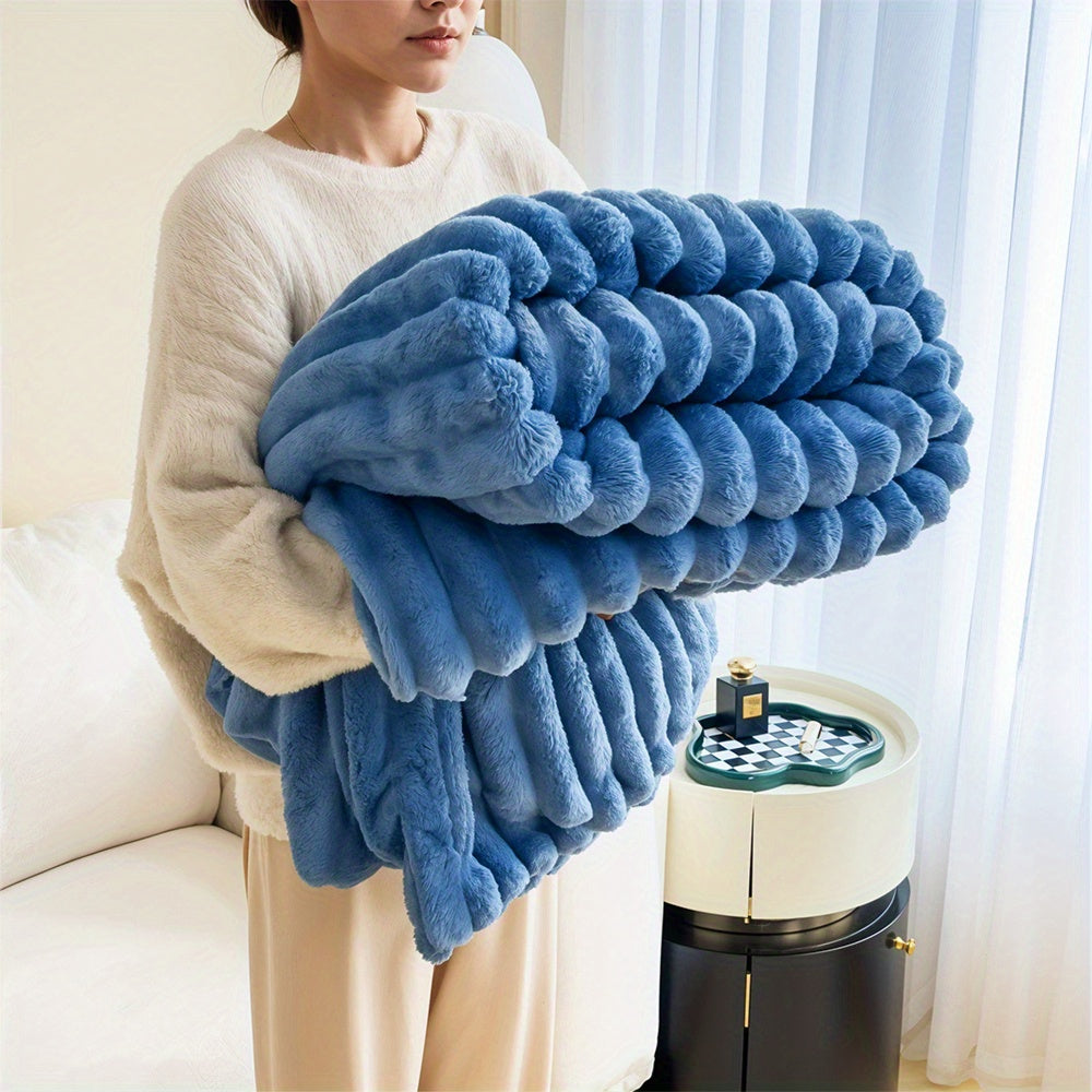 1pc Large Strips Ribbed Throw Blankets | Luxurious 270g Flannel Fleece Blanket | Warm Cozy Blanket Throws For Sofas, Bed, Chair, Couch, Settee | Super Soft Warm Blanket Single Double King Super King Size, Machine Washable, Easy Care, Perfect for Home, Tra