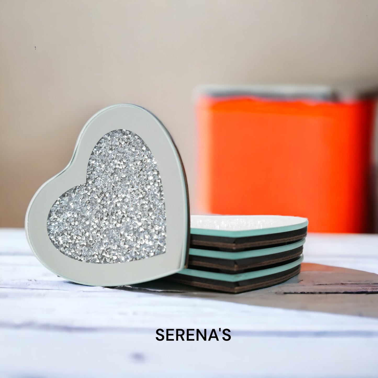 SERENA'S ® Set of 4 Heart Crystal Coasters – 10cm Glass Mirrored Drink Coasters with Glitter Crushed Diamond Design – Elegant Coasters for Home, Kitchen, Bar, or Table Decoration